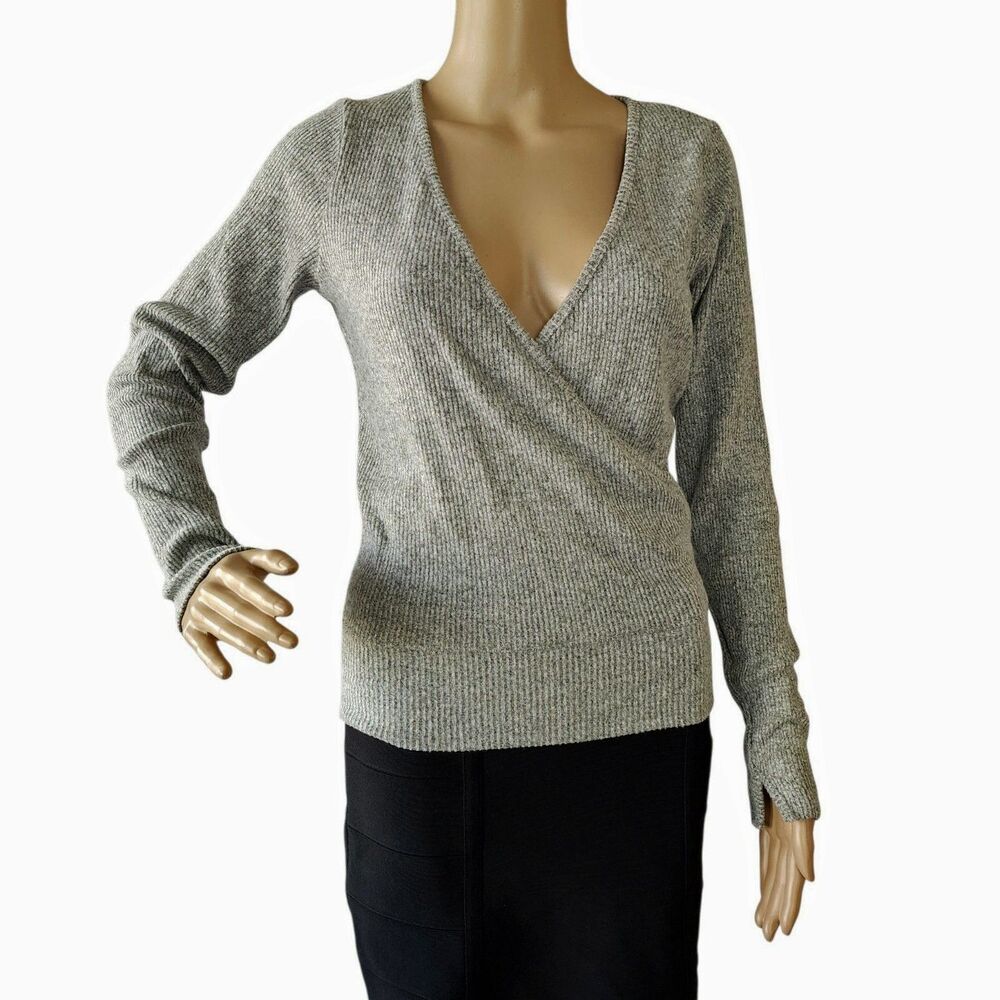 Red Haute Gray Ribbed Surplice V-Neck Sweater Long Sleeve - Small NWOT